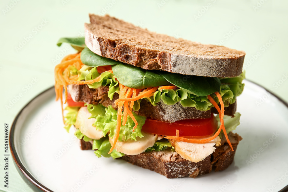 Plate with tasty sandwich on color background, closeup Plate with tasty sandwich on color background, closeup