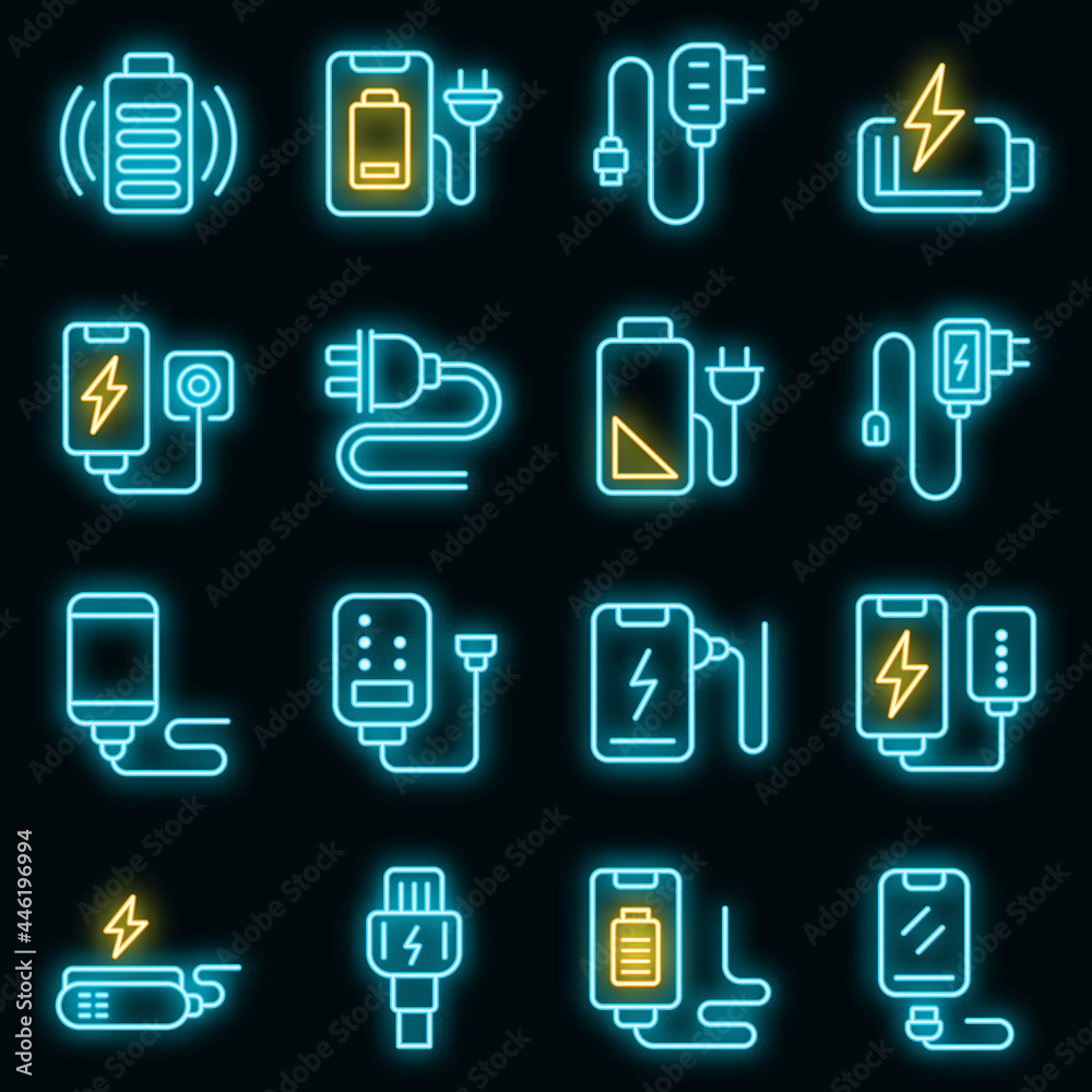 Charger icons set. Outline set of charger vector icons neon color on black Charger icons set. Outline set of charger vector icons neon color on black