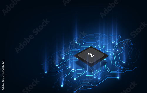 Quantum computer, large data processing, database concept.CPU isometric banner. Central Computer Processors CPU concept.Digital chip Futuristic microchip processor. photo