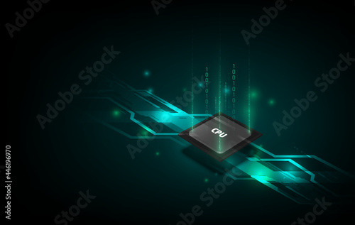 Quantum computer, large data processing, database concept.CPU isometric banner. Central Computer Processors CPU concept.Digital chip Futuristic microchip processor