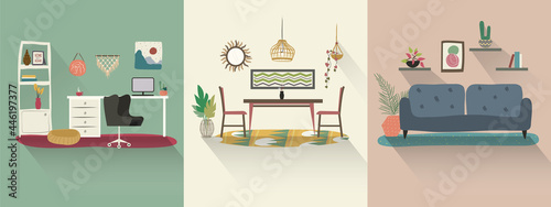 Home furniture set, colorful mute flat design: living room with couch, plants and shelves; office with desk, chair, computer and shelving; dinning room with table  chairs.  Vectorized illustrations