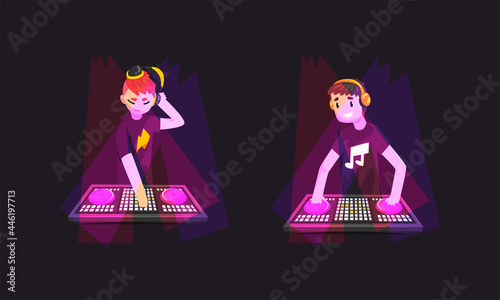 Dj Playing Progressive Electro Music at Nightclub Set, Dj in Headphones Standing at Electronic Turntable Mixing Console Cartoon Vector Illustratio