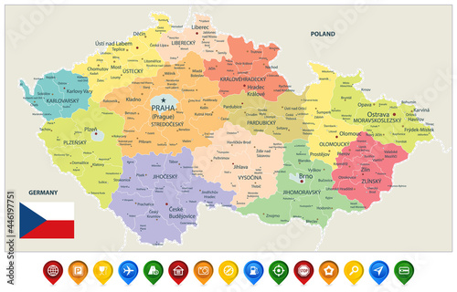 Czech Republic Administrative Map and Colored Map Icons