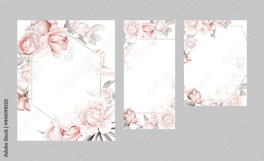 Set with greeting cards. Delicate roses and peonies in pastel colors