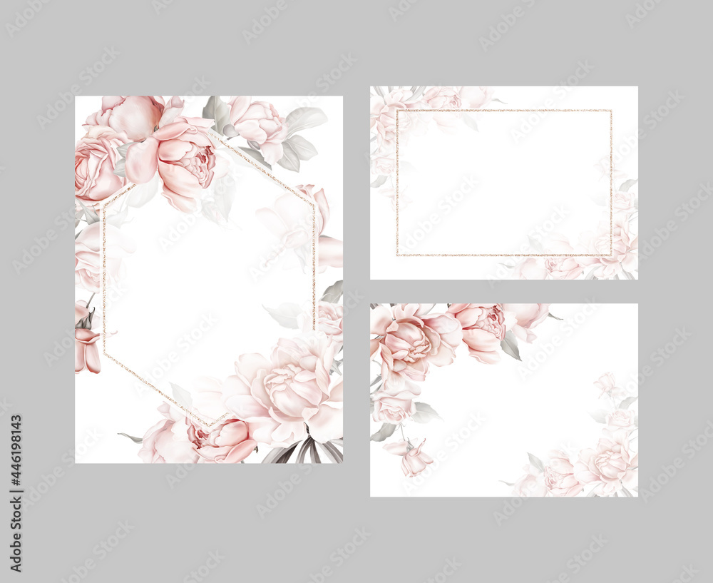 Set with greeting cards. Delicate roses and peonies in pastel colors