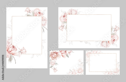 Set with greeting cards. Delicate roses and peonies in pastel colors