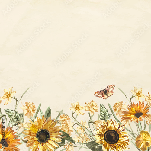 Floral background vector with watercolor sunflower and butterfly