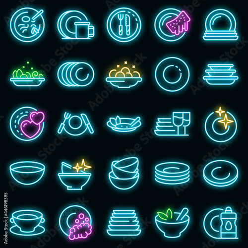 Plate icons set. Outline set of plate vector icons neon color on black