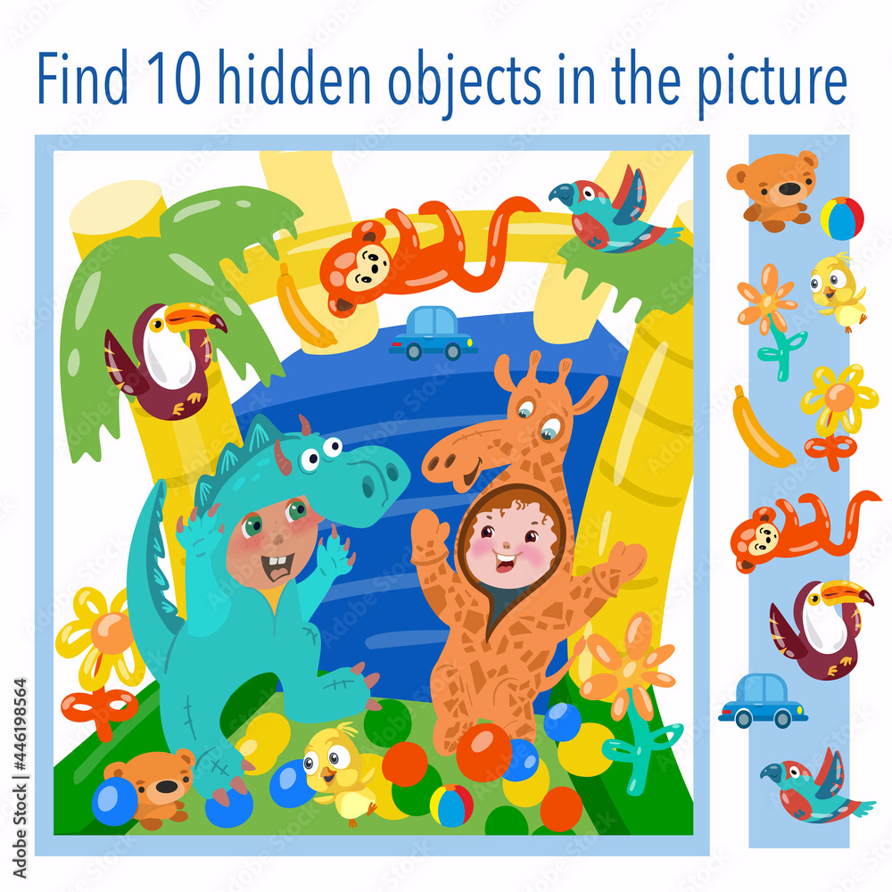 Naklejka premium Find 10 hidden objects in the picture. Children in giraffe and dragon fancy dress on an inflatable attraction. Puzzle game with hidden elements. Vector illustration.