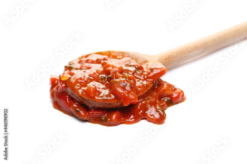 Obraz na plátně Pindjur vegetable relish made from red paprika, pepper and eggplant with wooden