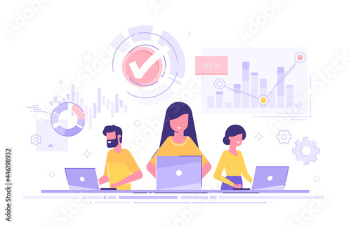 Data scientists, software engineer, statistician, programmers, visualizer and analyst working on a project. Big Data analysis concept. Professional team working together. Modern vector illustration.