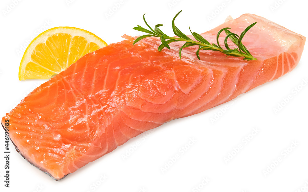 Red fish. Raw salmon fillet with rosemary and lemon isolate on white background. Clipping path and full depth of field Red fish. Raw salmon fillet with rosemary and lemon isolate on white background. Clipping path and full depth of field