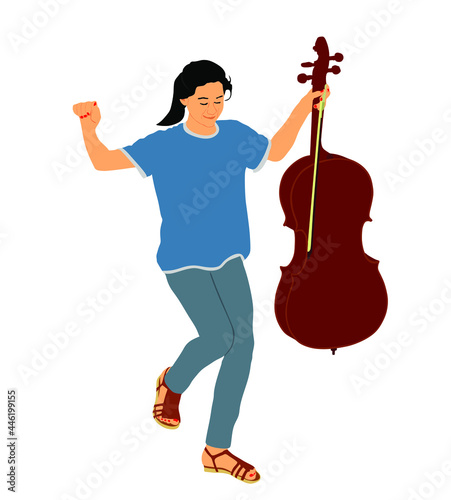 Happy girl graduating music school of cello vector illustration. Young cellist with cello and fiddle bow in hand. Music artist woman play string instrument. Classic musician jazz lady street performer