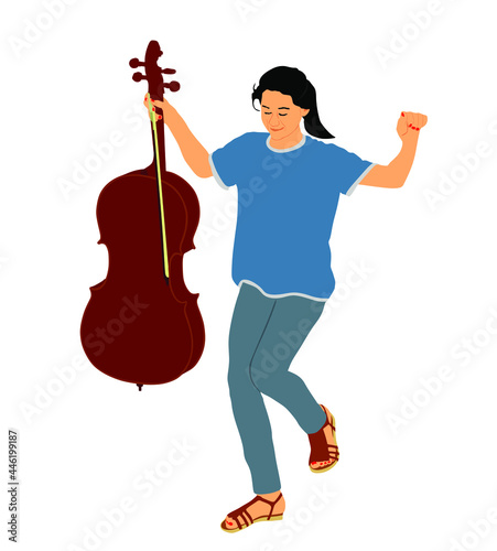 Happy girl graduating music school of cello vector illustration. Young cellist with cello and fiddle bow in hand. Music artist woman play string instrument. Classic musician jazz lady street performer