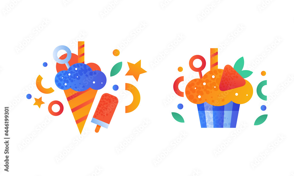 Fototapeta premium Fast Food Dishes Set, Ice Cream Sweet Dessert, Cupcake Flat Vector Illustration