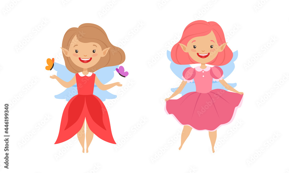 Lovely Fairy Girls Set,Happy Winged Girls Flying Wearing Bright Costumes Cartoon Vector Illustration Lovely Fairy Girls Set,Happy Winged Girls Flying Wearing Bright Costumes Cartoon Vector Illustration