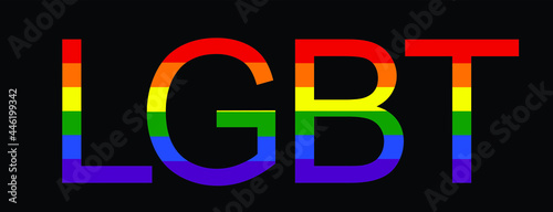 LGBT Text Banner vector illustration isolated on black background. Typography with LGBT Gay Pride Flag colors. Lesbian Gay Bisexual Transgender community pride. Gay parade symbol word.