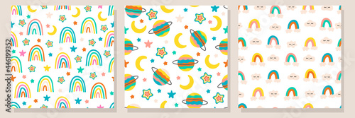 Baby sky seamless pattern set. Backgrounds with planets, rainbows, stars and clouds in nordic style and bright colors	