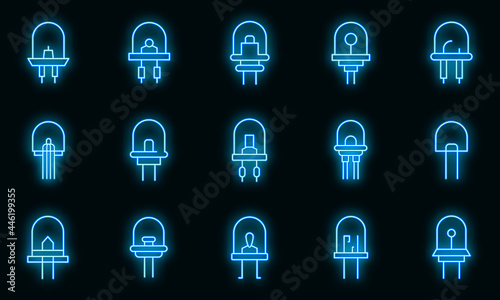 Diode icons set. Outline set of diode vector icons neon color on black photo