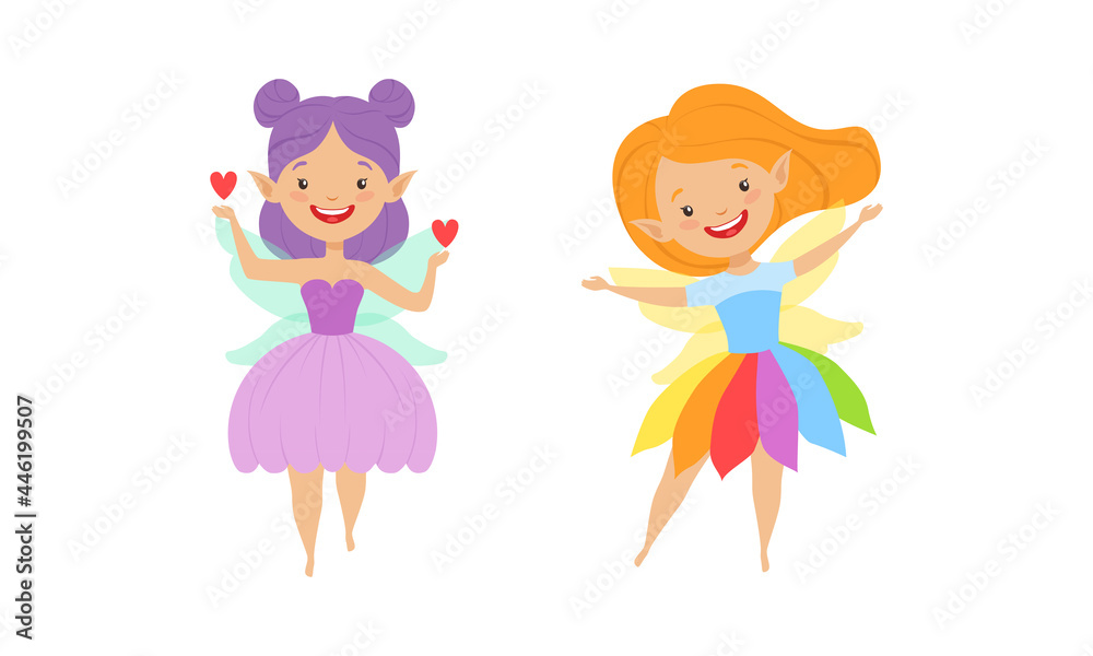 Adorable Fairy Girls Set, Lovely Winged Girls in Bright Costumes Cartoon Vector Illustration Adorable Fairy Girls Set, Lovely Winged Girls in Bright Costumes Cartoon Vector Illustration