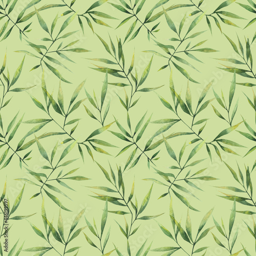 Seamless watercolor pattern with large branches and bamboo leaves on a green background. Botanical illustration for fabrics, clothing, decor, packaging.