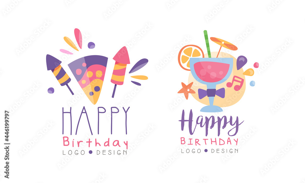 Set of Happy Birthday Logo Templates Design, Birthday Celebration Hand Drawn Badges Vector Illustration Set of Happy Birthday Logo Templates Design, Birthday Celebration Hand Drawn Badges Vector Illustration