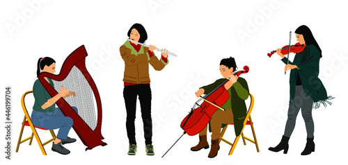 Female quartet orchestra music artist vector illustration. Girl play violin, cellist woman play cello, elegant lady play harp. Flutist girl play flute. String and wind instruments concert event.
