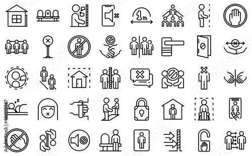Avoid contact icons set outline vector. Handle touch. Door surface