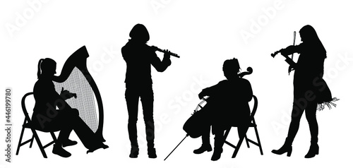 Female quartet orchestra music artist vector silhouette illustration. Girl play violin, cellist woman play cello, elegant lady play harp. Flutist girl play flute. String and wind instruments concert. photo
