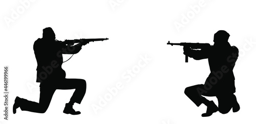 Second world war army soldier opponents with rifle in battle vector silhouette. WW2 soldier with rifle aim shooting at the enemy during combat. Scary war situation, brave man defends his country. photo