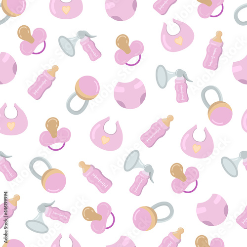 Vector seamless pattern with pink baby care objects - bottle, bib, soother, rattle, breast pump