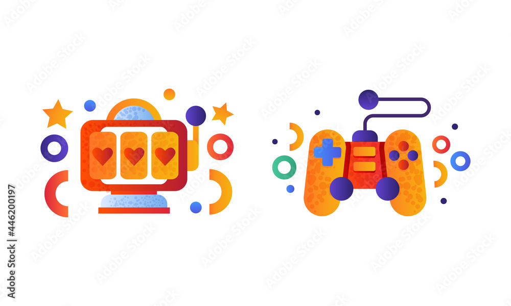 Set of Entertainment Symbols, Slot Machine, Video Game Controller, Flat Vector Illustration Set of Entertainment Symbols, Slot Machine, Video Game Controller, Flat Vector Illustration