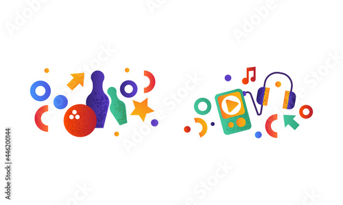 playing cards, music entertainment performance equipment, arcade game machine, movie clapperboard, bowling pins and ball vector Illustration isolated on a white background.
