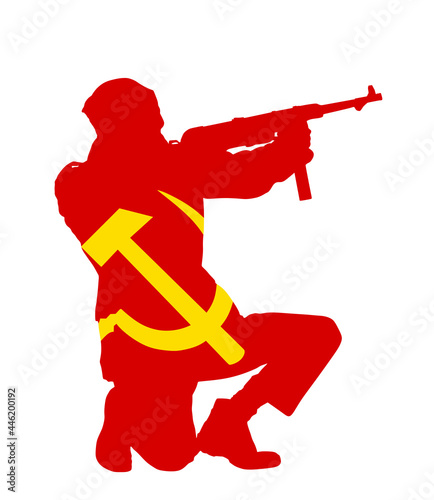 Red army soldier with rifle in battle vector silhouette illustration isolated on white background. Brave man on East front defend country against enemy. Sickle and hummer over Soviet comrade in combat photo