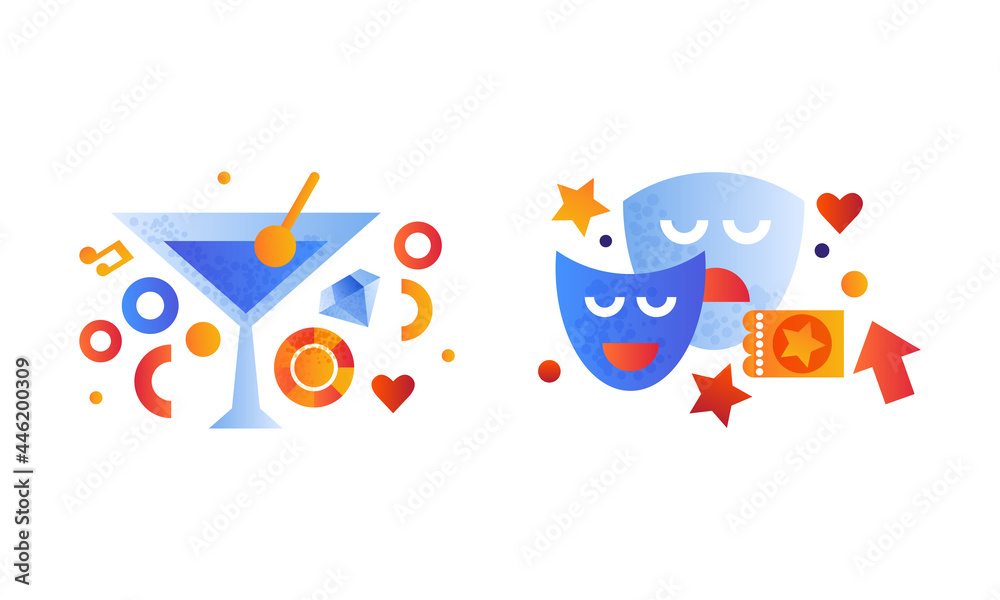 Set of Entertainment Symbols, Comedy and Tragedy Theatrical Masks, Alcoholic Cocktail Glass Flat Vector Illustration