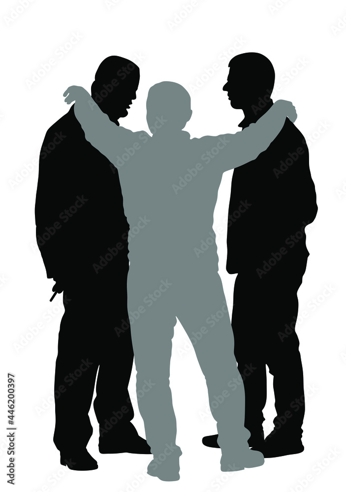 Reasonable man wants to prevent conflict between unreasonable enemies vector silhouette illustration isolated on white. Peaceful conciliator between angry people in verbal conflict Calm down situation