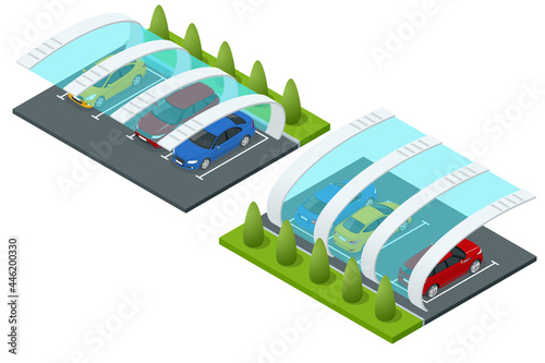 Isometric street roof of outdoor parking lot. Outdoor of parking garage with car and vacant parking lot in parking building