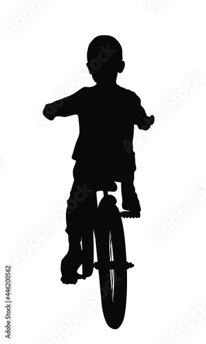 Little boy riding bicycle vector silhouette illustration isolated on white background. Kid enjoying in bike drive. Child active outdoor. Leisure time. Happy boy with favorite toy, son birthday gift.