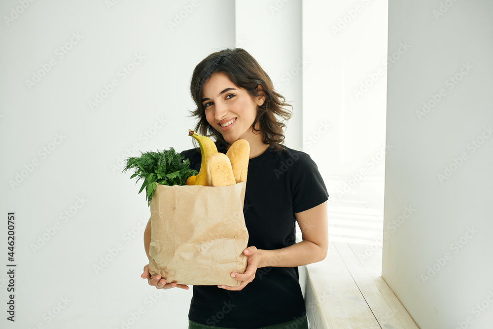 cheerful woman food bag vegetables cooking health cheerful woman food bag vegetables cooking health