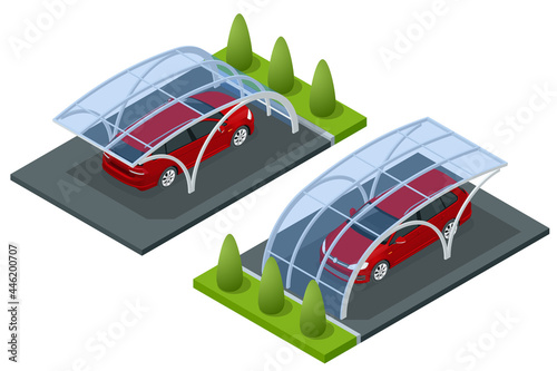 Isometric street roof of outdoor parking lot. Outdoor of parking garage with car and vacant parking lot in parking building