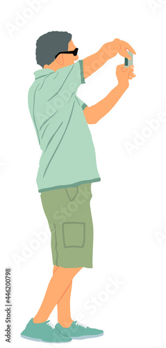 Senior tourist photographer with camera vector illustration. Journalist work for breaking news. Mature man traveler capture interesting view. Secret agent on duty. Passenger on vocation take photos.