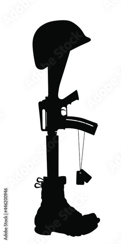 Fallen soldier symbol vector silhouette illustration isolated on white background. Rifle in boots with helmet and military identification plate. Battlefield dead soldier memories. Comrade lost friend.