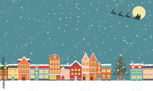 冬のクリスマスの街並みのベクターイラスト背景(風景,フレーム,xmas.X'mas,町並み,雪,カード,メッセージカード,コピースペース)