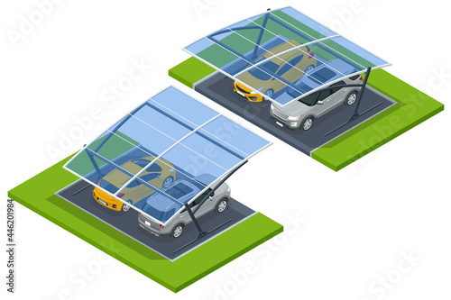 Isometric street roof of outdoor parking lot. Outdoor of parking garage with car and vacant parking lot in parking building