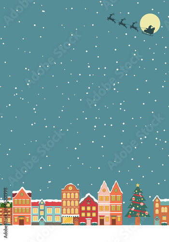 冬のクリスマスの街並みのベクターイラスト背景(風景,フレーム,xmas.X'mas,町並み,雪,カード,メッセージカード,コピースペース)