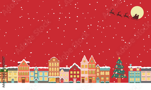 冬のクリスマスの街並みのベクターイラスト背景(風景,フレーム,xmas.X'mas,町並み,雪,カード,メッセージカード,コピースペース)