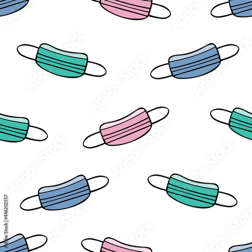 Medical face masks. Seamless vector pattern. An endlessly repeating ornament. Personal protective equipment against viral infection. Medical products on a colorless background. Idea for cover.