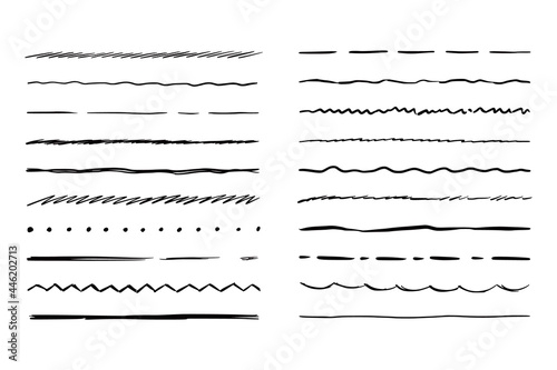 Hand drawn line set. Sketch scribble pencil stroke style. Horizontal wave and zigzag doodle line. Vector illustration for border, frame.