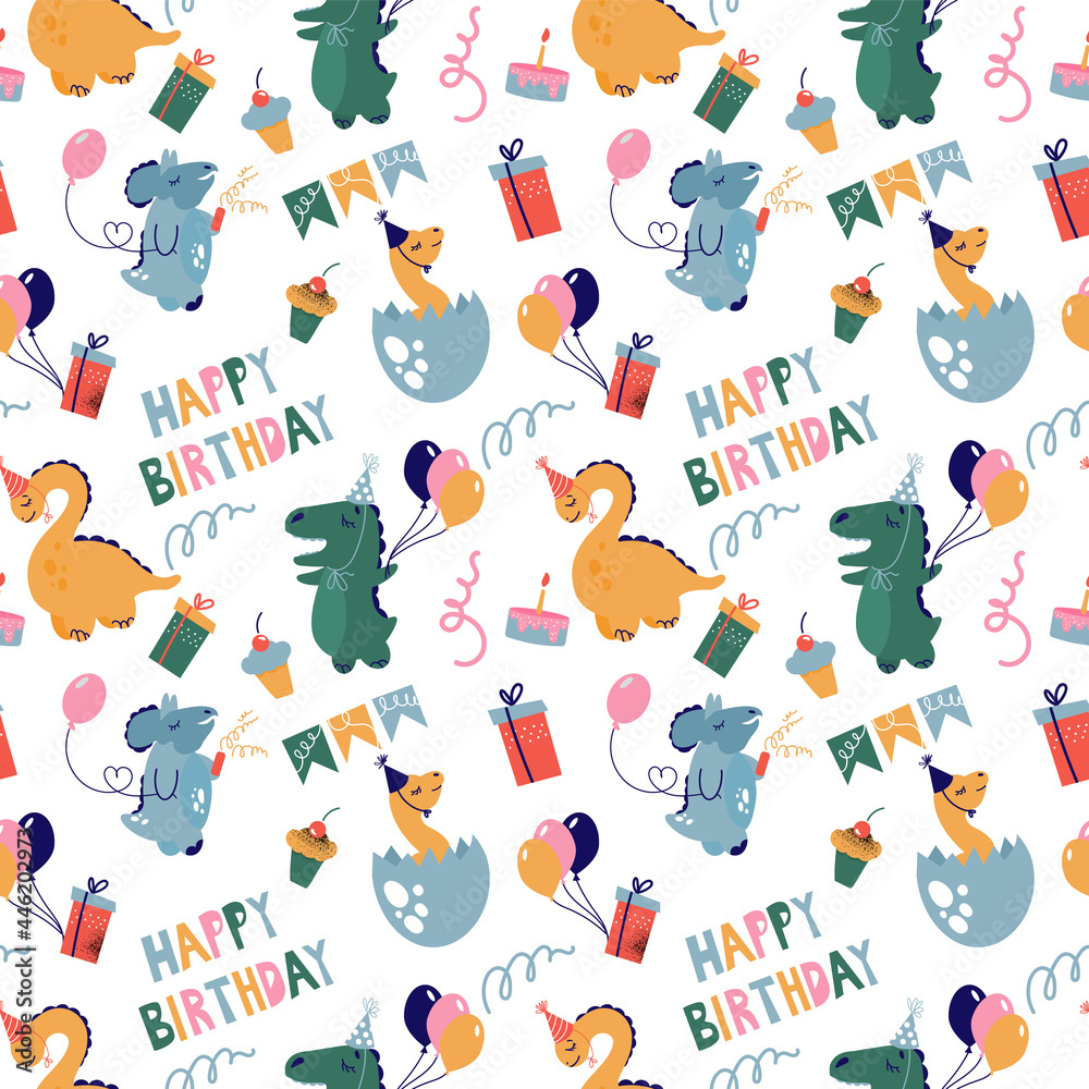 Seamless pattern with different dinosaurs. Dinosaurs celebrate their birthday with gifts, sweets and balloons.