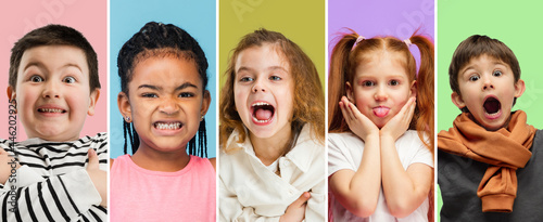 Collage made of portraits of little cute kids, boys and girls isolated on multicolored studio background. Human emotions, facial expression, childhood concept